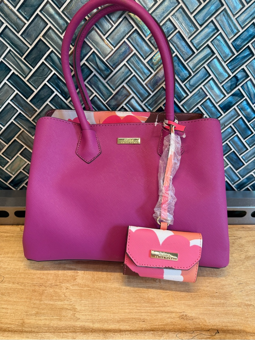 NWT Trina Turk fuchsia tote with pink floral card wallet and crossbody strap